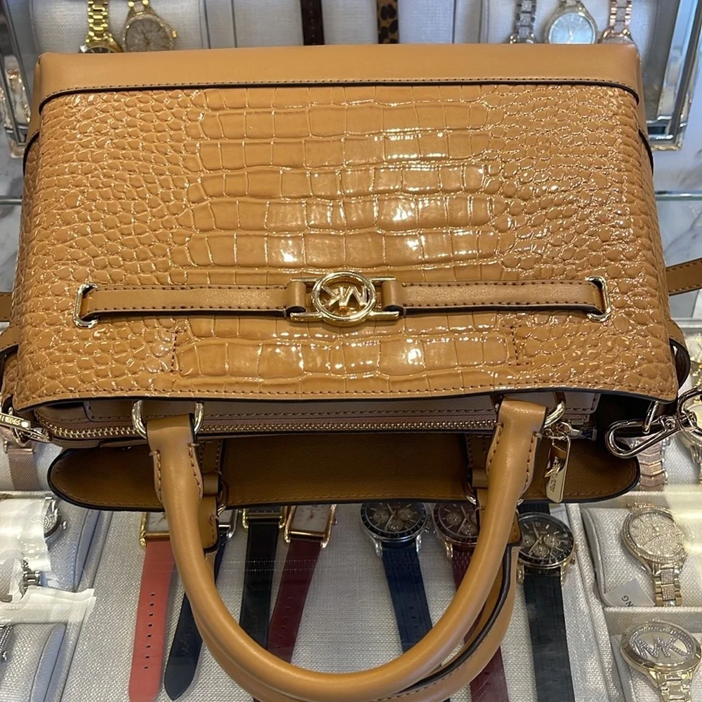 MICHAEL KORS Reed Lg Leather Belted Satchel Crossbody Handbag CZ Deer Crocodile